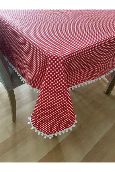 Meral Kurşun Collection Red and White Piti Checked - Liquid Resistant Pompom Tablecloth