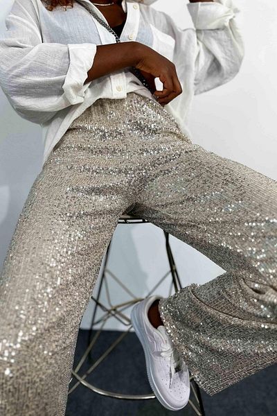 BEBE PLUS Beige Colored Loose Cut Design - Elastic Waist and Sequin Sequined Trousers
