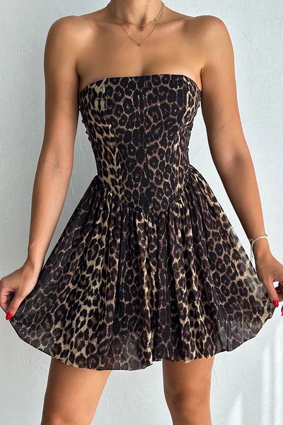 Velista Rochie cu balon fără bretele cu imprimeu leopard