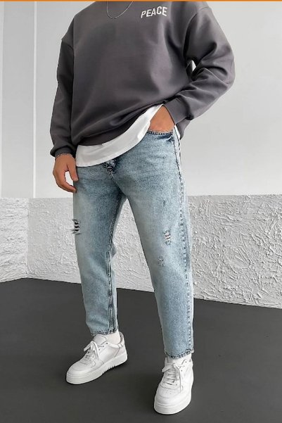 Genel Markalar Boyfriend Mavi Taşlamalı Ve Yırtık Modelli Kot Pantolon