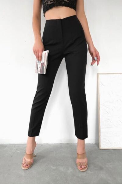 sunfyre Women's Black Pleated Front Flotated Narrow Leg High Waist Carrot Pants