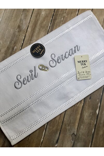 MERRY TEK İsimli Gelin Damat Havlusu Söz Nişan Düğün Hediye Gümüş Metalik Nak...