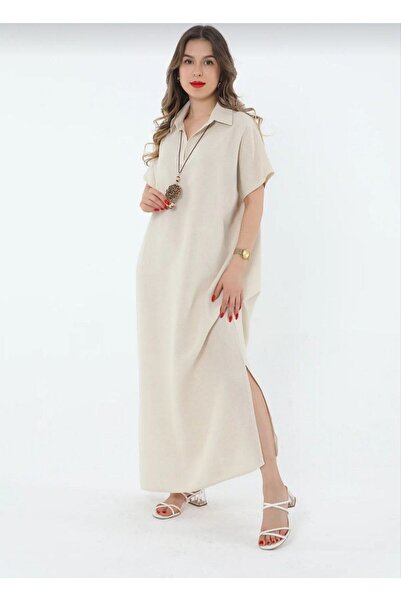 DEEFWEAR Kadın Oversize Polo Yaka Standart Kalıp Yırtmaçlı Kolyeli Elbise