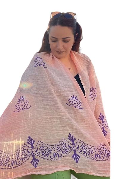 leillART Cotton Patterned Pink Shawl Scarf - Handmade