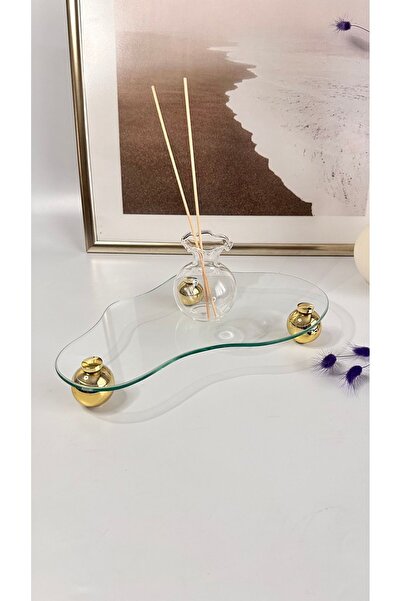 Shura Homeware Eğri Cam Tepsi Gold Top Ayaklı Dekoratif Düzenleyici Stant Dekoratif Tepsi