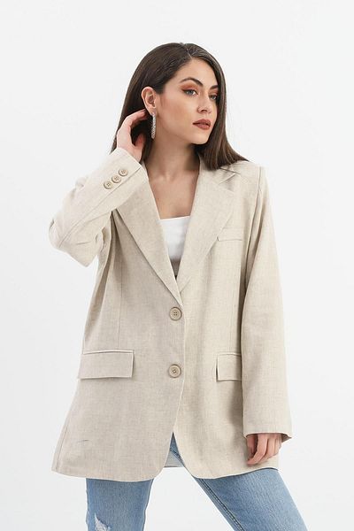 modaserdem Stone Colored Women's Linen Jacket - Double Slits