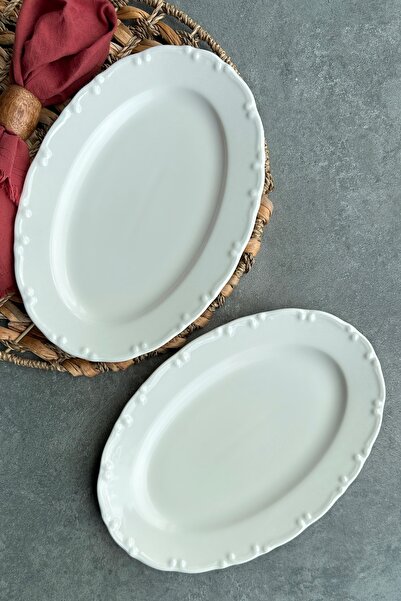 porselenden Lianna Cream 30 Cm Large Size 2-piece Presentation Serving Boat Plate Set