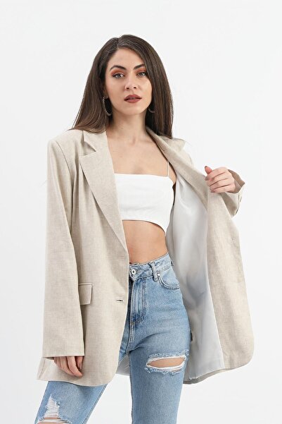 modaserdem Stone Colored Women's Linen Jacket - Double Slits