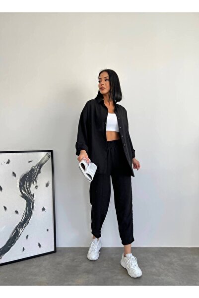 S&A Collectionn Γυναικείο παντελόνι Slim Fit, φαρδύ πουκάμισο και μαύρο κοστούμι