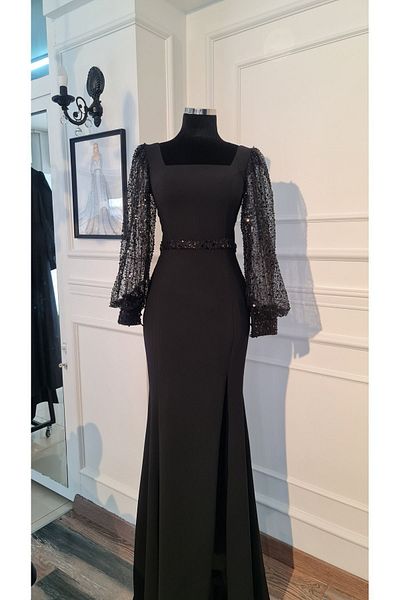 makbuleofficial Square Collar, Crepe Fabric, Slit, Promise Engagement Wedding Dress