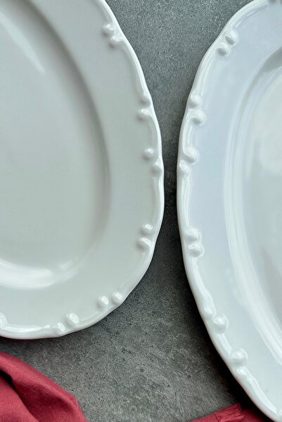 porselenden Lianna Cream 30 Cm Large Size 2-piece Presentation Serving Boat Plate Set