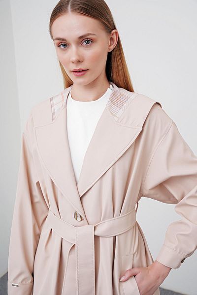 Zühre Stone Colored Hooded and Belted Trench Coat 13435
