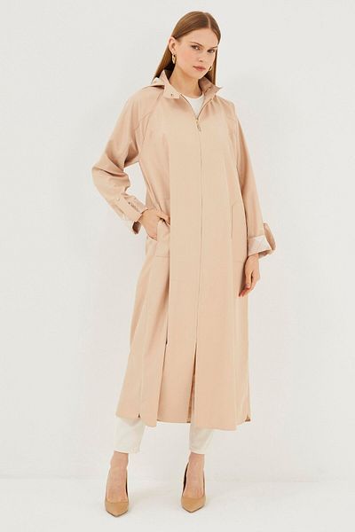 Zühre Hooded Pocket Detailed Stone Trench Coat 13454