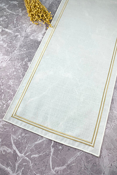 WEARE2 Beyaz Renkli Krem Kapuçino Çift Çizgi Nakışlı 40x110 Cm Keten Efektli ...