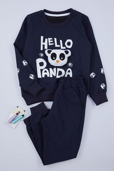 TRENDYOLKIDS Boy's Seasonal Knitted Set - Navy Blue, Thin Slogan Pattern, Top and Bottom Set Tkdaw25au00029