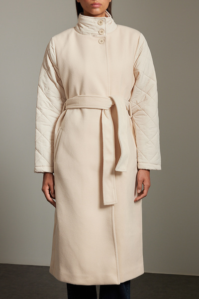 Trendyol Collection Stand Collar Ecru Oversize Woolen Coat - Garni Detailed Sleeves, Twoaw25kb00011