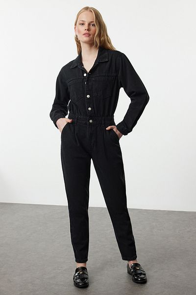 Trendyol Collection Džínový overal - černý s detailem v pase TWOAW23TU00065