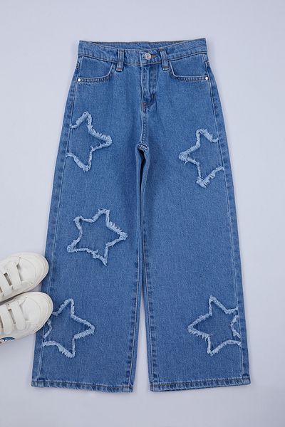 TRENDYOLKIDS Mädchen-Jeanshose mit Sternenmuster und weitem Bein – 100 % Baumwolle TKDAW25PL00001