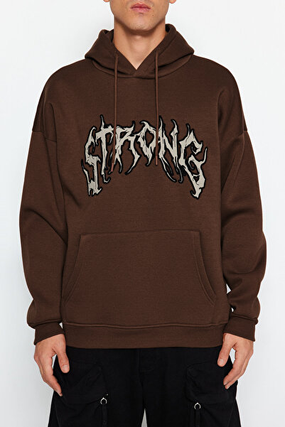 Trendyol Collection Кафяв суичър с големи надписи с качулка и бродерия - полар/топъл Tmnaw24Sw00029