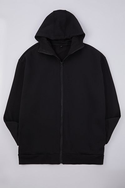 Trendyol Collection Μαύρο βαμβακερό φούτερ με κουκούλα με φερμουάρ - Plus Size TMNAW25AO00029