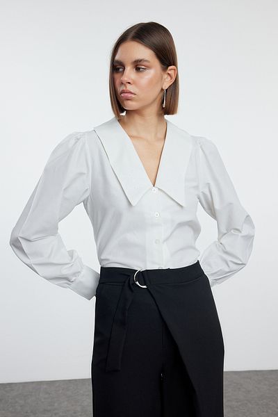 Trendyol Collection Вишита ткана сорочка з великим коміром екрю Regular Fit TWOAW25GO00009