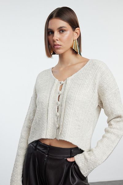 Trendyol Collection Soft Textured Stone Crop Knitwear Cardigan - Twoaw25Hi00252 with Tie Detail