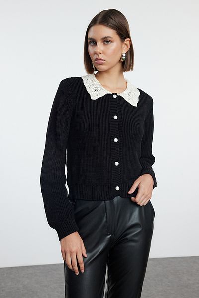 Trendyol Collection Kardigan z měkkého úpletu - Garni Detailed, černý, TWOAW25HI00253