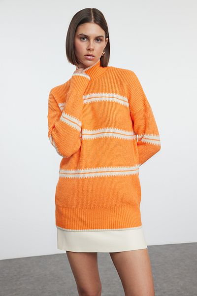Trendyol Collection Turtleneck Striped Orange Knitwear Sweater - Soft Texture, Wide Fit Twoaw25Kz00236