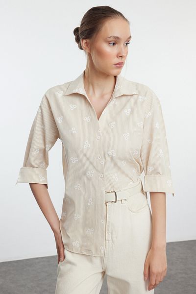 Trendyol Collection Cotton Woven - Sötétbézs csíkos virágmintás ing TWOSS23GO00373