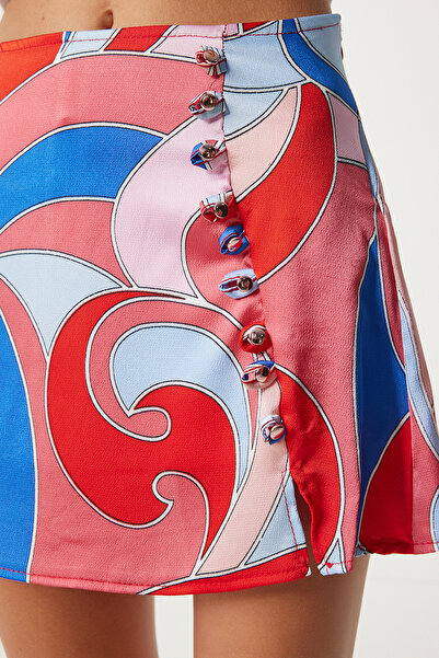 Happiness İstanbul Roter Satin-Mini-Shorts-Rock - gemustert, Damen, FN03333