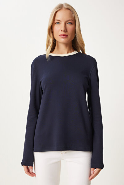 Happiness İstanbul Sötétkék kontrasztgalléros pamut női blúz - Nj00157