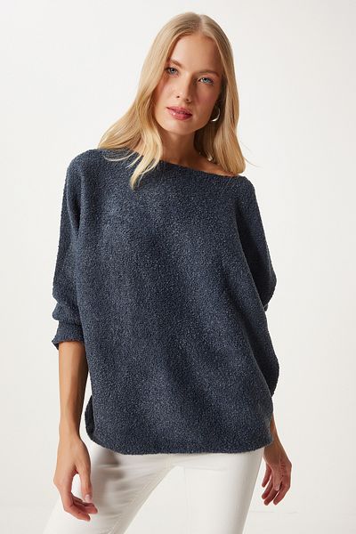 Happiness İstanbul Anthrazitfarbener Oversize-Strickpullover mit U-Boot-Ausschnitt für Damen - Seasonal Yg00105