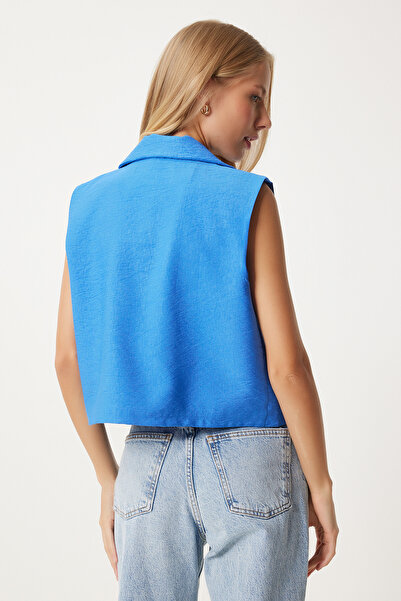 Happiness İstanbul Vestă de in pentru damă, albastră, cu nasturi, TO00055