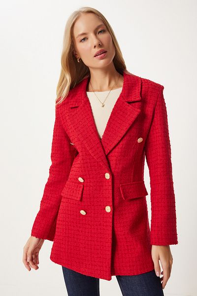 Happiness İstanbul Női piros gombos blézer tweed dzseki WF00004