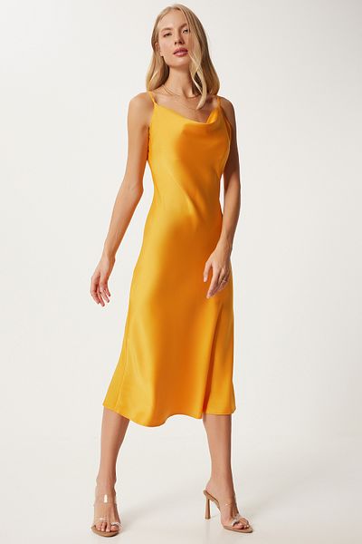 Happiness İstanbul Orangefarbenes Damenkleid mit Satin-Spitzenkragen - Fn03300