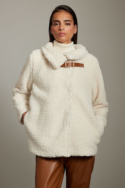 Trendyol Collection Plyšový kabát Ecru - Regular Fit, Detailní pás Twoaw25Mo00059