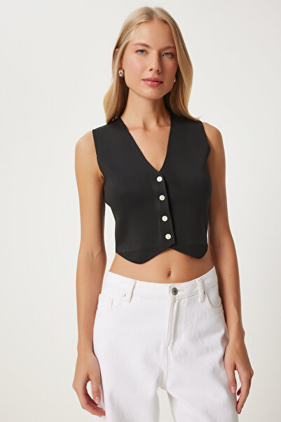 Happiness İstanbul Black V-neck Knitwear Summer Vest - Buttoned Fn03348