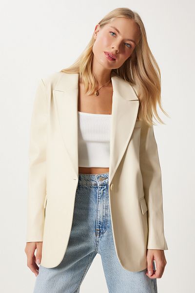 Happiness İstanbul Κρεμ Χρώμα Oversize Faux Leather Γυναικείο Blazer - Fn03319