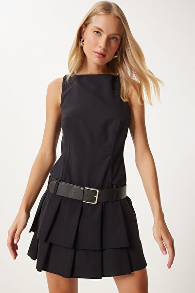 Happiness İstanbul Rochie de damă cu pliuri groase cu centură neagră - FN03347