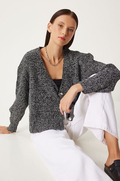 Happiness İstanbul Gray Melange V-neck Knitwear Women's Cardigan - Gray Fn03338