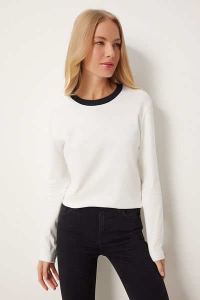 Happiness İstanbul White Contrast Color Women's Cotton Blouse - Nj00157
