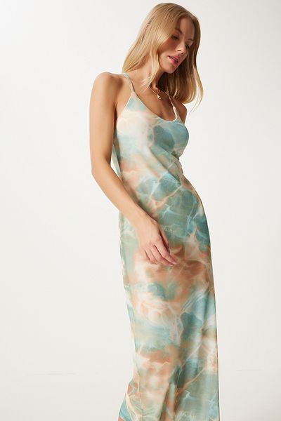 Happiness İstanbul Wassergrünes gemustertes Chiffonkleid für Damen - Rückenfrei Fn03321