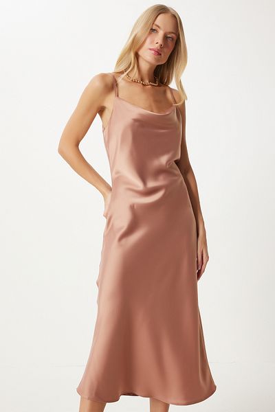 Happiness İstanbul Damenkleid mit Satinstruktur und Kragen aus Nerzspitze - FN03300