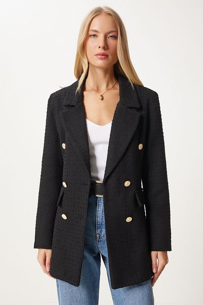 Happiness İstanbul Schwarzer Blazer aus Tweed mit Knöpfen für Damen WF00004