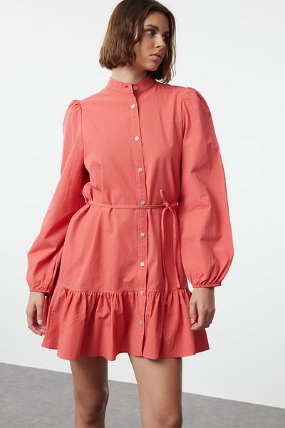 Trendyol Collection Poros rózsa hosszú ujjú miniruha - szárnyas, egyenes szabású TWOAW24EL00795
