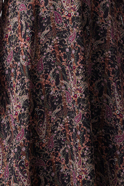 Trendyol Collection Καφέ φλοράλ φόρεμα με ζώνη σε γραμμή Α με διπλό λαιμόκοψη με μοτίβο Boho από σιφόν μίντι υφαντό φόρεμα TWOAW24EL00660