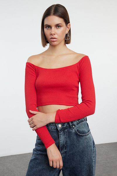 Trendyol Collection Stretchy Corded Red Knitted Blouse - Super Crop Carmen Collar TWOAW23BZ00482