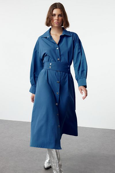 Trendyol Collection Széles szabású Saks ingruha - övvel és patenttal, alacsony ujjú Twoaw25el00195