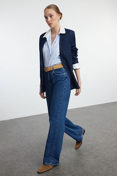 Trendyol Collection Jeansy z wysokim stanem i szerokimi nogawkami w kolorze ciemnoniebieskim - TWOAW25je00155