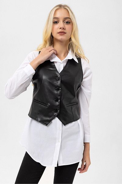 ŞİMAL Leather Women's Vest 245276 - Button Detailed